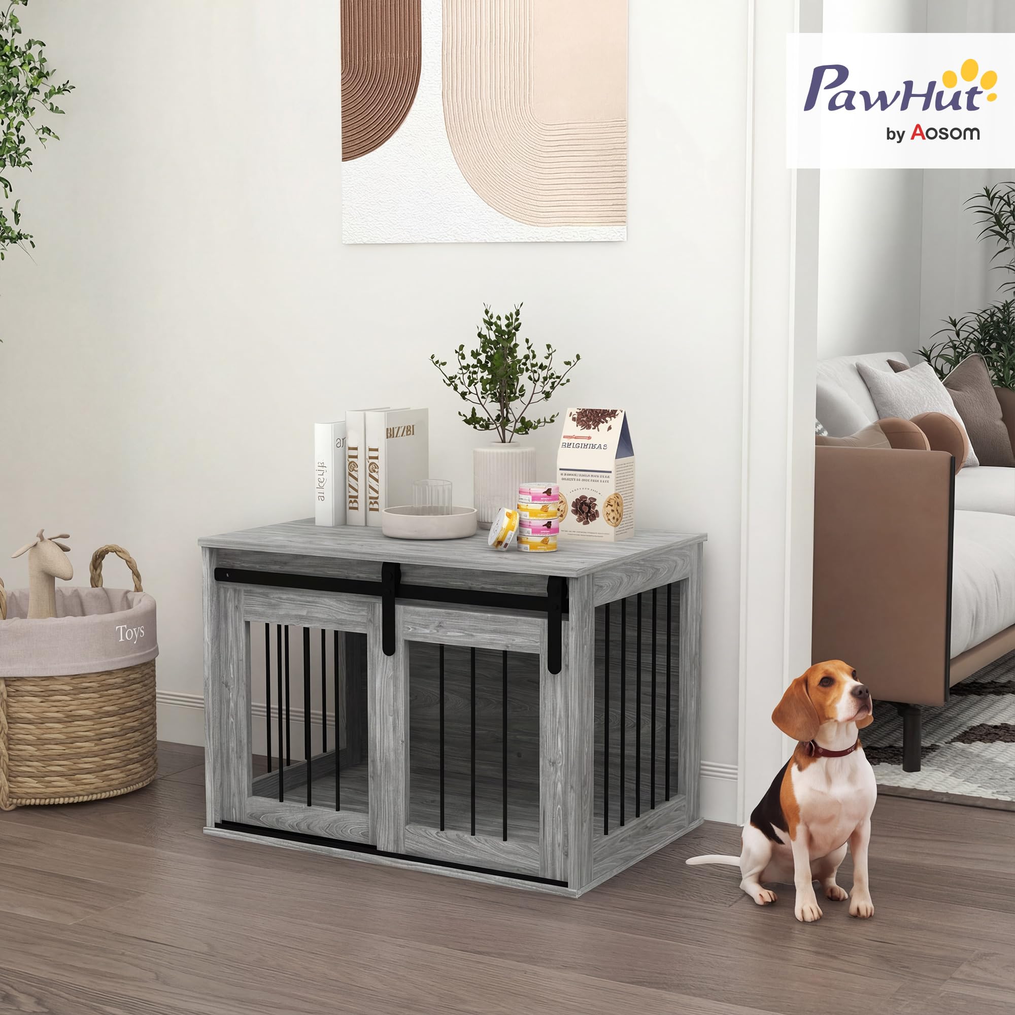 PawHut Hundebox für Hunde und andere Haustiere, Innenkäfig, 1 Schiebetür, Beistelltisch, Metall in Holzoptik, Maße: 57 H x 80 L x 54 B cm