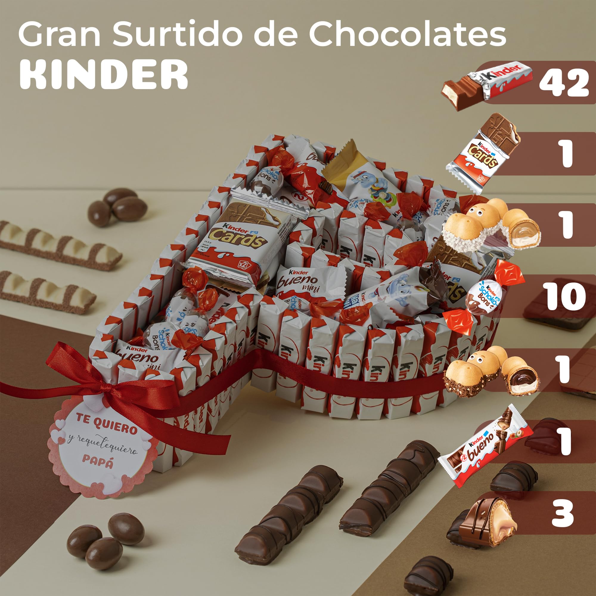 Onza Regalo dia del padre Original - Cesta Chocolates Kinder ''P'' de Papá - Kinder Bueno Pack para regalar: Kinder Chocolate, Happy Hippo, Cards, Schokobons - Regalos originales para hombre
