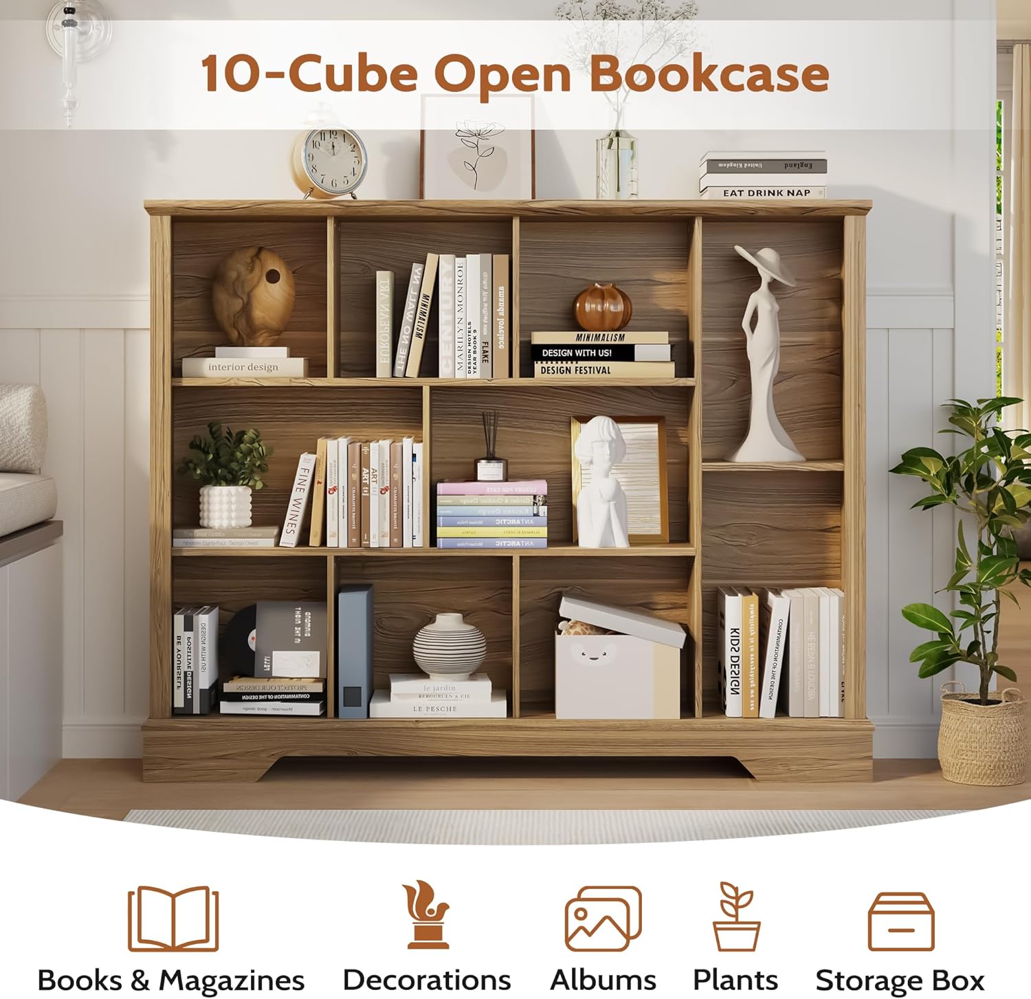 10-Cube Storage Organizer Bookshelf, 4-Tier Wooden Bookcase with Adjustable Shelf, Sturdy Cube Storage Shelf for Small Spaces, Modern Low Profile Shelving Unit for Living Room & Bedroom