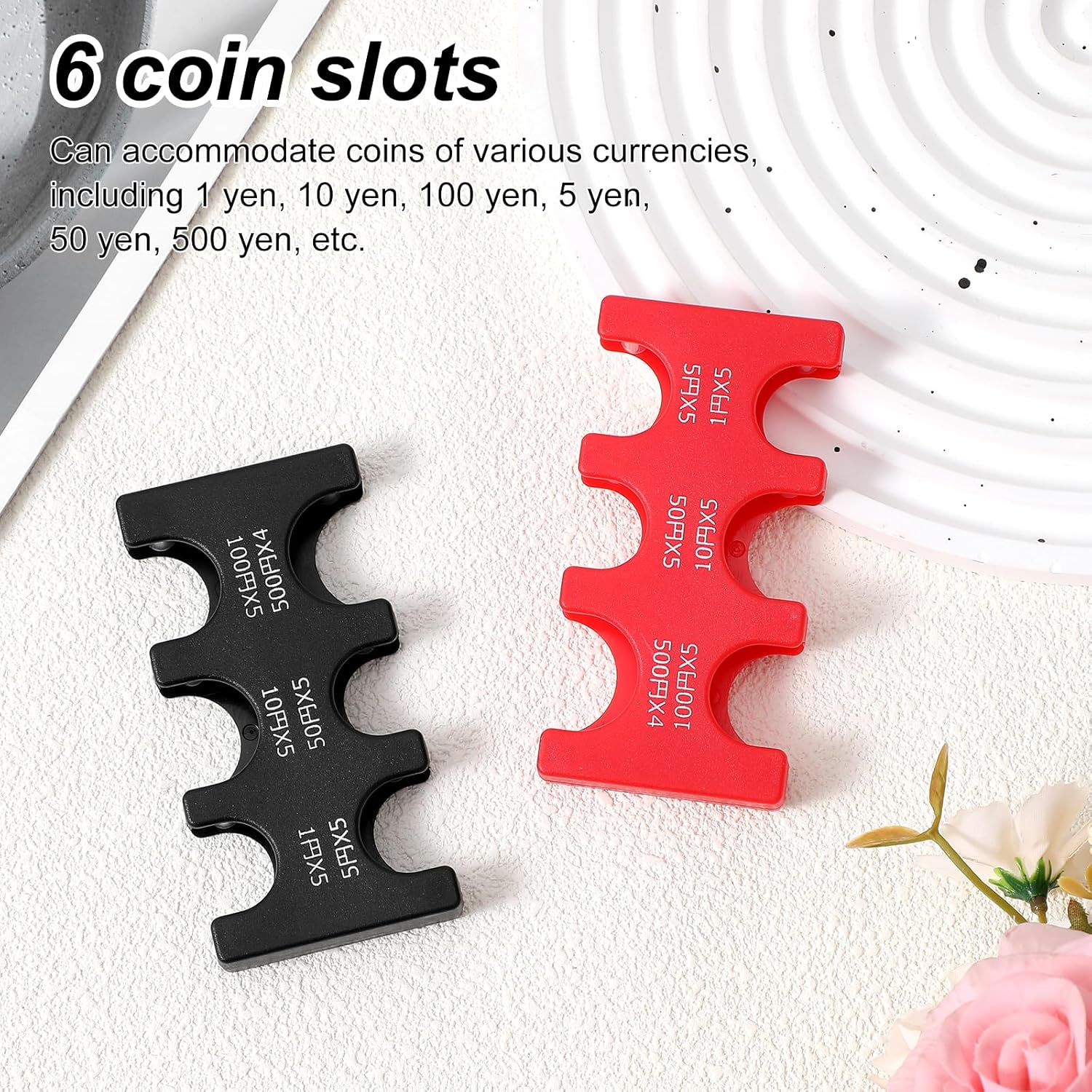 2 PCS Yen Coin Holder Japanese Coin Organizer with 6 Slots Pocket Hard Case Yen Coins Organizer Storage Rectangle Plastic Sorter Collection Purse Wallet Coins Dispenser for Car Travel (Black Red)