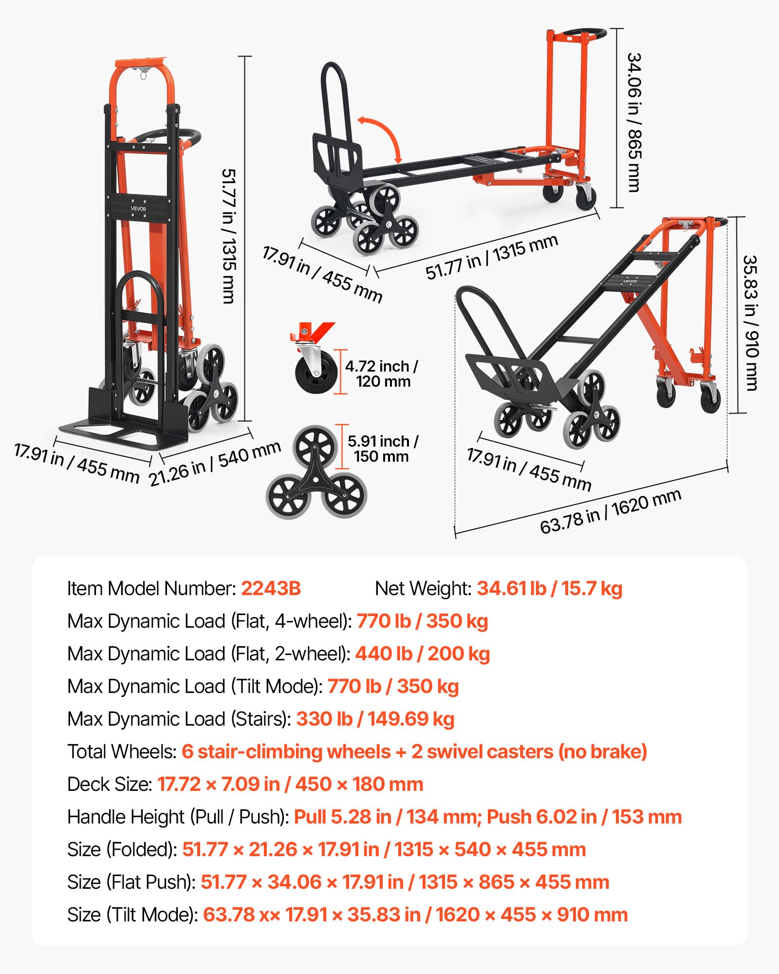 VEVOR 3-in-1 Treppensackkarre, Sackkarre max. Traglast 350 kg, klappbare Transportkarre mit Griff & Rädern, Treppensteiger-Transportwagen, Stapelkarre, Treppensteigerwagen, Orange & Silber
