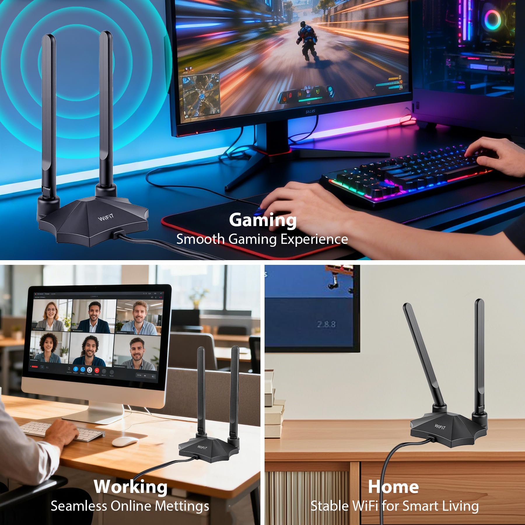 Antenne WiFi 7 - Base magnétique - 9 dBi - Antenne WLAN avec fiche mâle RP-SMA pour routeur WiFi 7/6E - Ordinateur de bureau - Carte PCI-E Asus Gigabyte - Carte mère de jeu