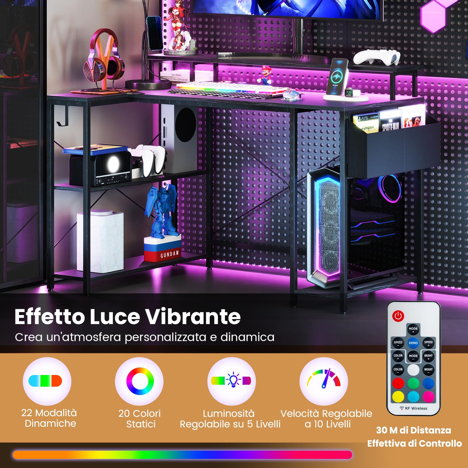 COSTWAY Scrivania Angolare da Gaming, Scrivania Salvaspazio a Forma di L con Luci LED, Stazione di Ricarica, Ripiani e Supporto per Monitor, Scrivania ad Angolo per Casa e Ufficio (Nero)