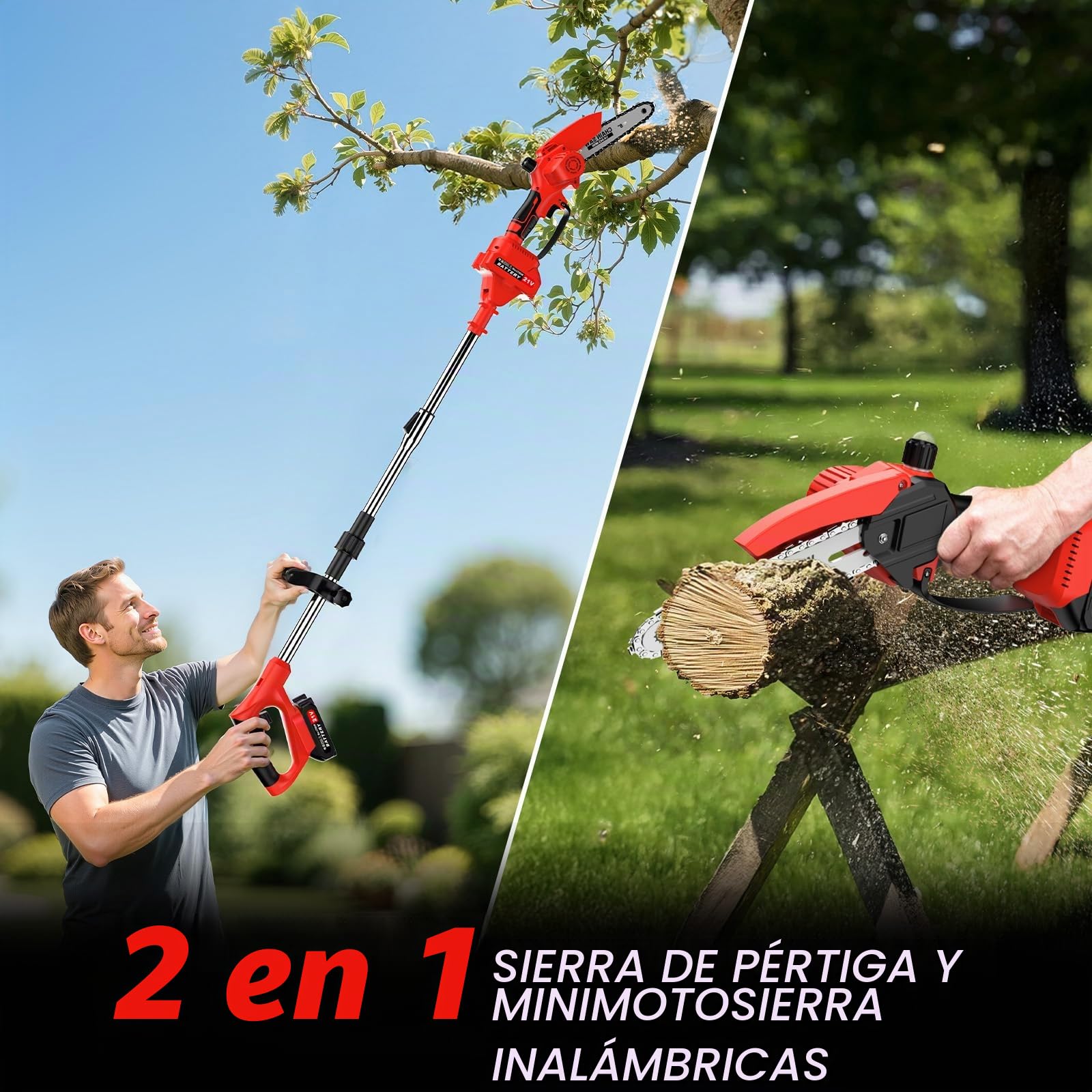Motosierra Batería Sin Cable, 2 en 1 Mini Motosierra y Podadora de Pértiga, con 2 Baterías de 1500mAh, Sierra de Poda Telescópica Eléctrica, Guantes para Podar Arboles Patio de Jardín árboles