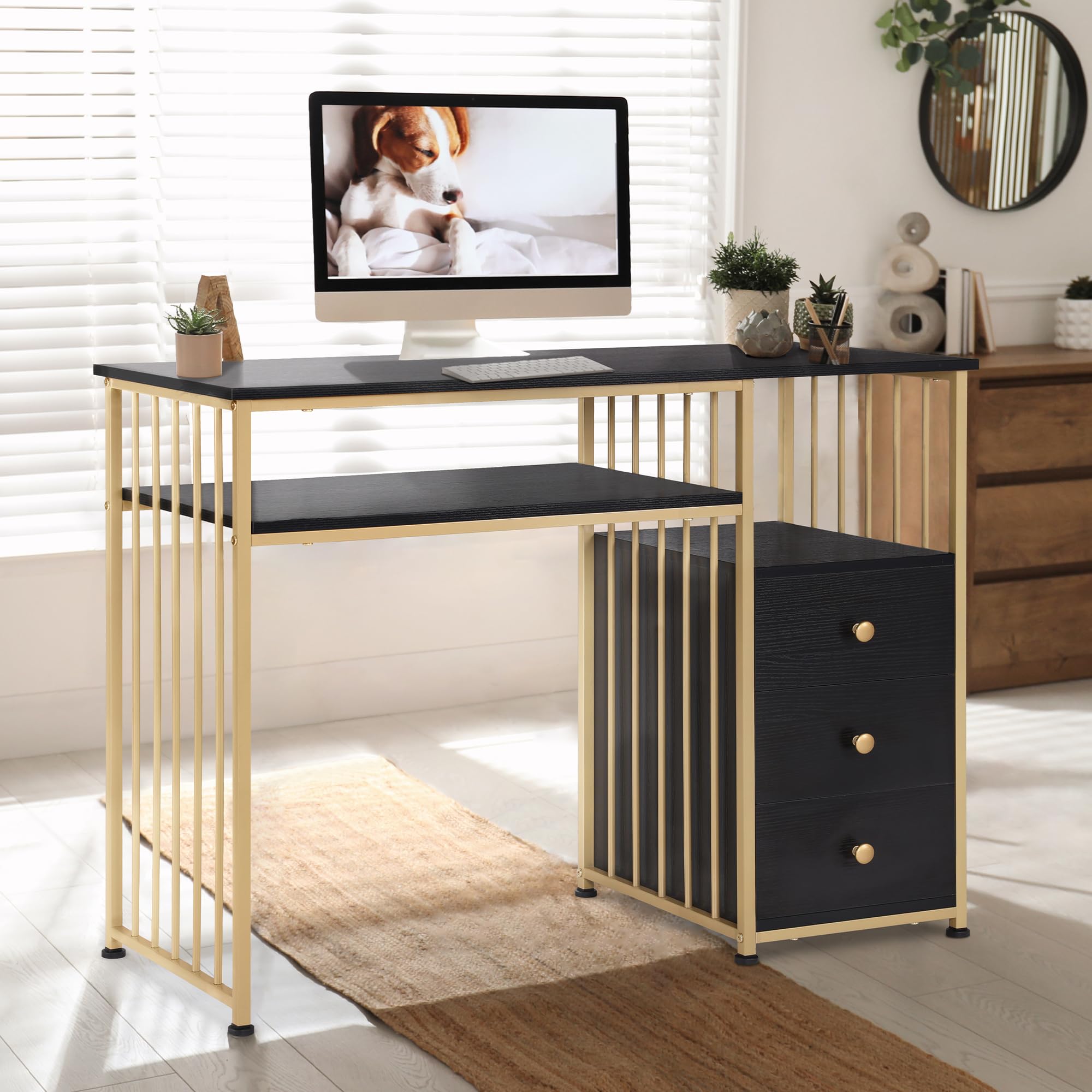 M MCombo Bureau avec tiroirs, Coiffeuse sans Miroir Noir et Or, Table à Ongles en Bois avec Structure métallique, Table d'ordinateur pour Le Salon Moderne, 45,5 x 109 x 81cm, 2407