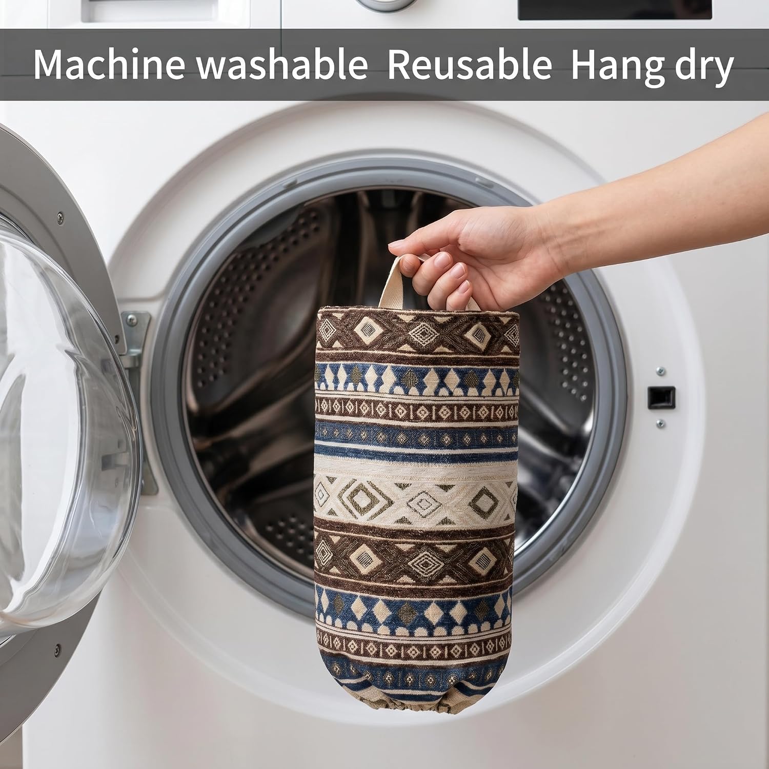 Plastic Bag Holder, Wall Mount Grocery Bag Dispenser, Cotton Aztec Jacquard Reusable Bag Organizer for Kitchen, Under Sink, Pantry, 2 PCS Blue & White Off-Color Minimalist Storage