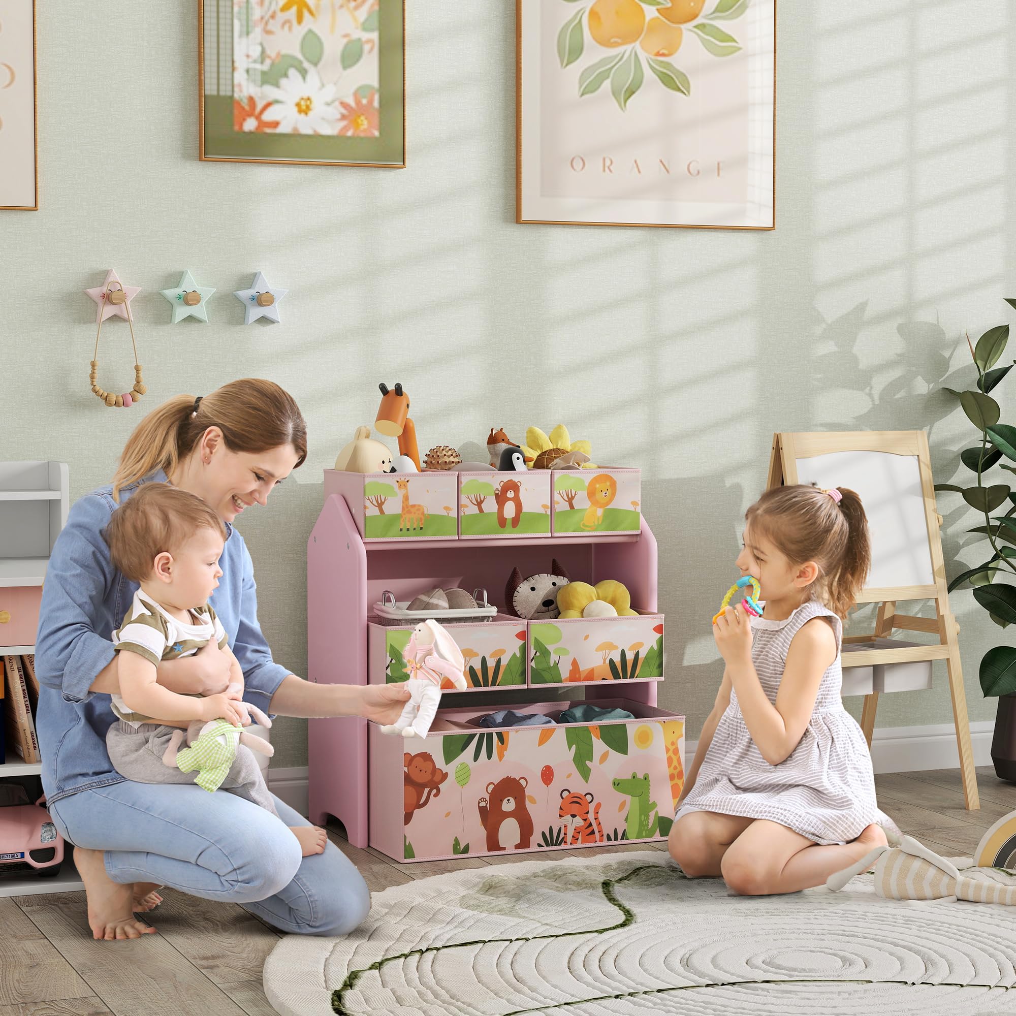 AIYAPLAY Unidad almacenaje 3 Niveles Estante Juguetes Sala Juegos Rosa | 6 cajas de almacenamiento extraíbles, dormitorio, cuarto infantil, cuarto infantil