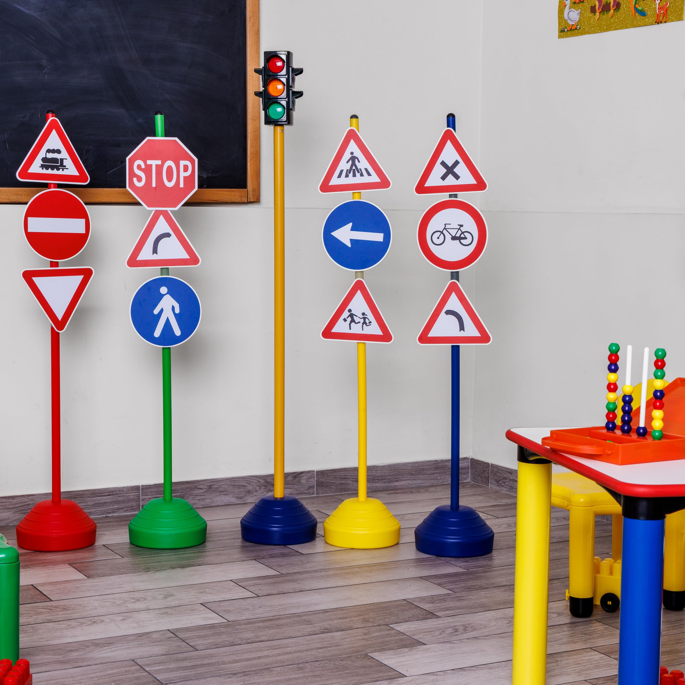 Set di 12 Segnali Stradali Educativi con Base d’Appoggio, in Plastica Durevole, Multicolore, Modello A 033, Ideali per Apprendimento della Sicurezza Stradale, per Bambini, Uso Interno ed Esterno