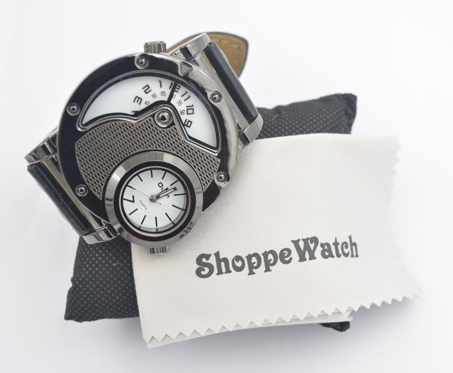 ShoppeWatch Mens Oversized Wrist Watch Steampunk Dual Time Quartz Black Leather Band White Dial OM-216