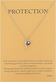 Dainty Blue Evil Eye Charm Horn Pendant Necklace for Women's Spiritual Protection Jewelry 14K Gold Plated