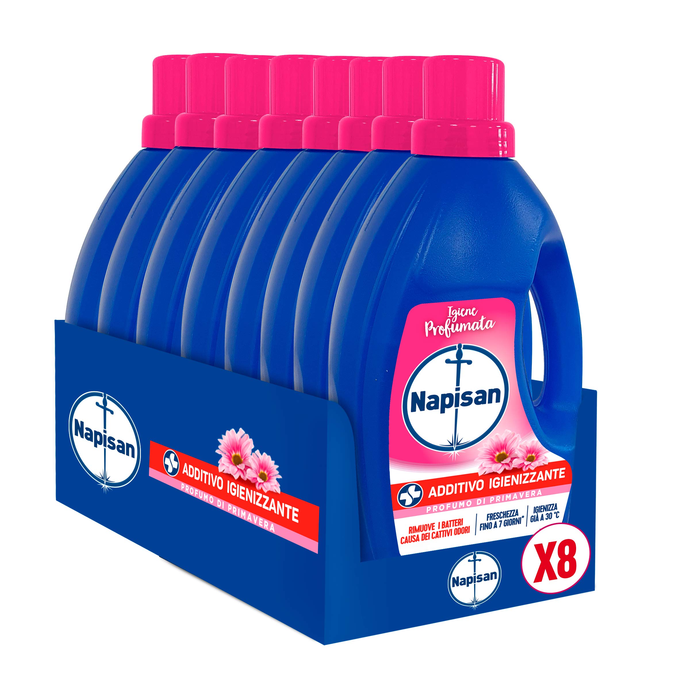 Napisan Additivo Igienizzante Lavatrice Profumo di Primavera, Confezione da 8x1.2 Litri di Igienizzante Liquido per Lavatrice, Contro i Batteri e i Cattivi Odori