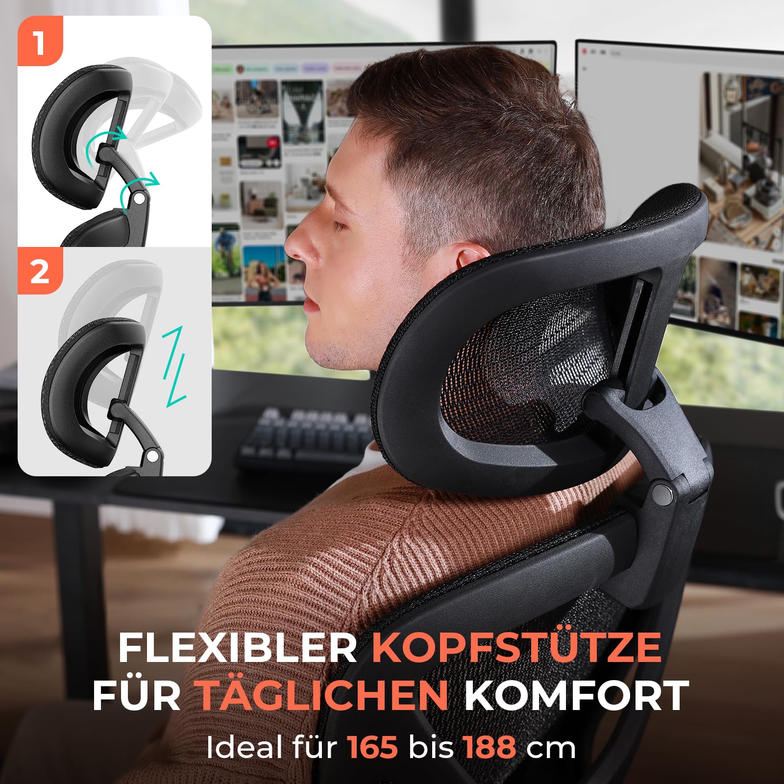 CAPOT Ergonomischer Bürostuhl aus Netzstoff, Verstellbarer Schreibtischstuhl mit hoher Rückenlehne, 180 kg, 4D-Klapparme, 3-stufige Neigungslehne, 3D-Kopfstütze, PU-Räder, drehbarer Computerstuhl für