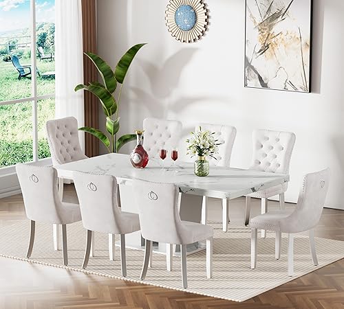 Miniatura 46 de SSLine Juego de mesas de comedor extensibles de 94.5 pulgadas para 6 personas, juego de mesa de comedor de 7 piezas, modernas mesas de cocina Blanco