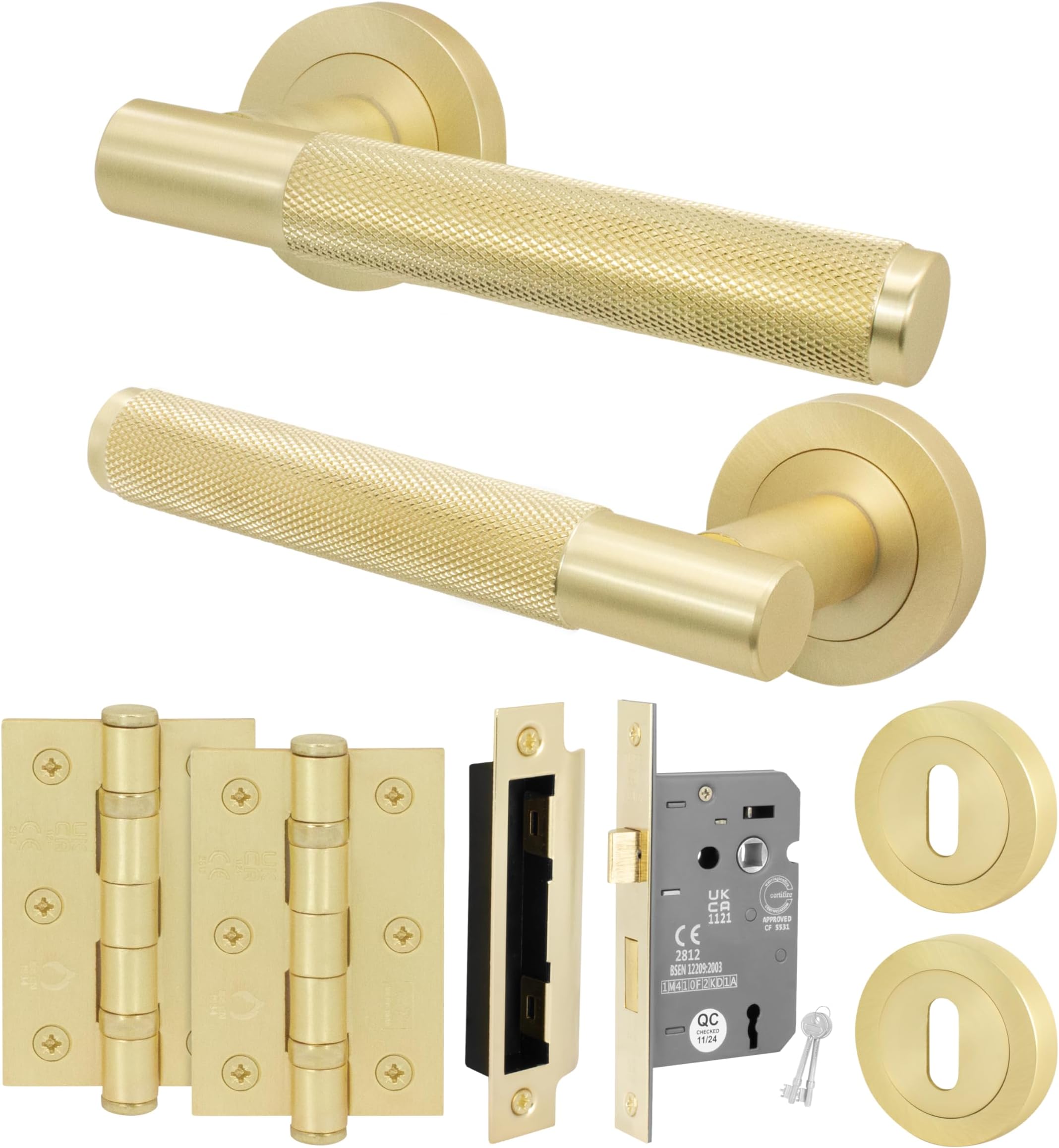 EAI Brass Door Handle Key Lock Set, Satin Brass Internal Door Handle with 64mm Lock and 76mm Hinges, Varri Range 1 Pack