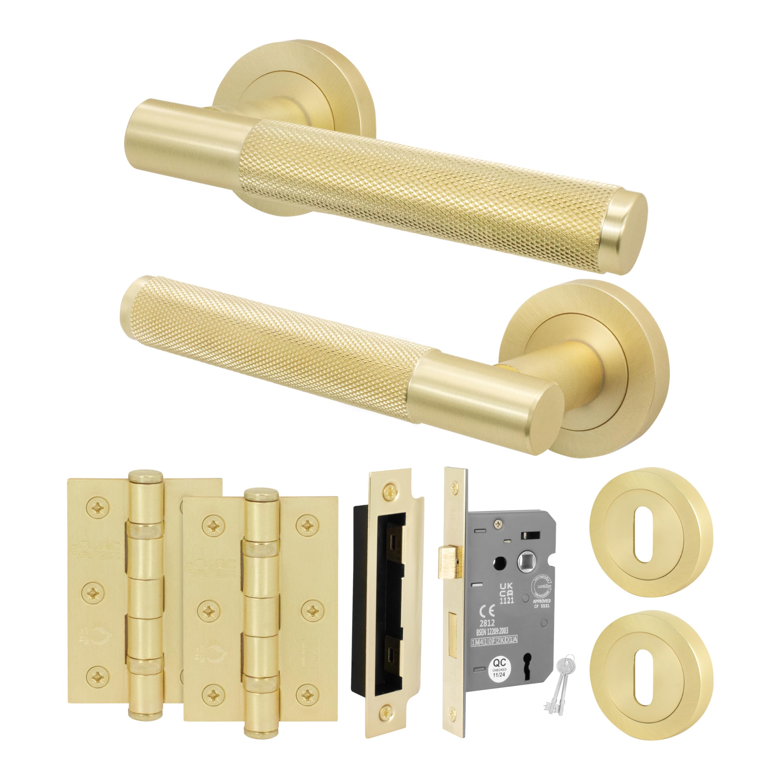 EAI Brass Door Handle Key Lock Set, Satin Brass Internal Door Handle with 64mm Lock and 76mm Hinges, Varri Range 1 Pack