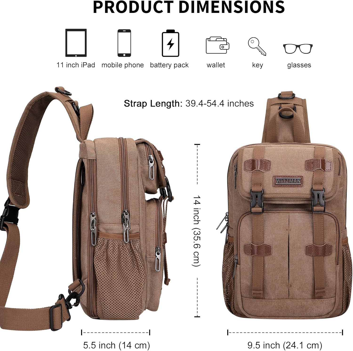 WITZMAN Sling Bag for Men Canvas Vintage Travel Crossbody Shoulder Bags Casual Large Chest Bag with USB Charging Port