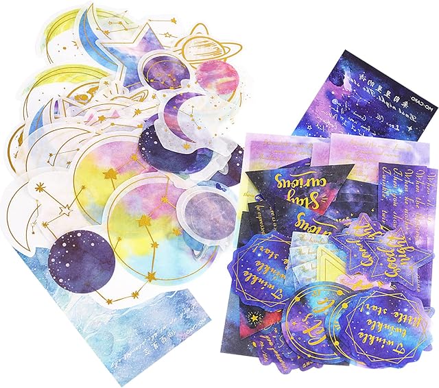 120PCS Galaxy Washi Stickers Set Gold Foil Planet Stickers Starry Sky Washi Paper Stickers Decorative Scrapbook Text Sticker Moon Star Stickers for Scrapbooking Notebooks Crafts Card Making Journaling