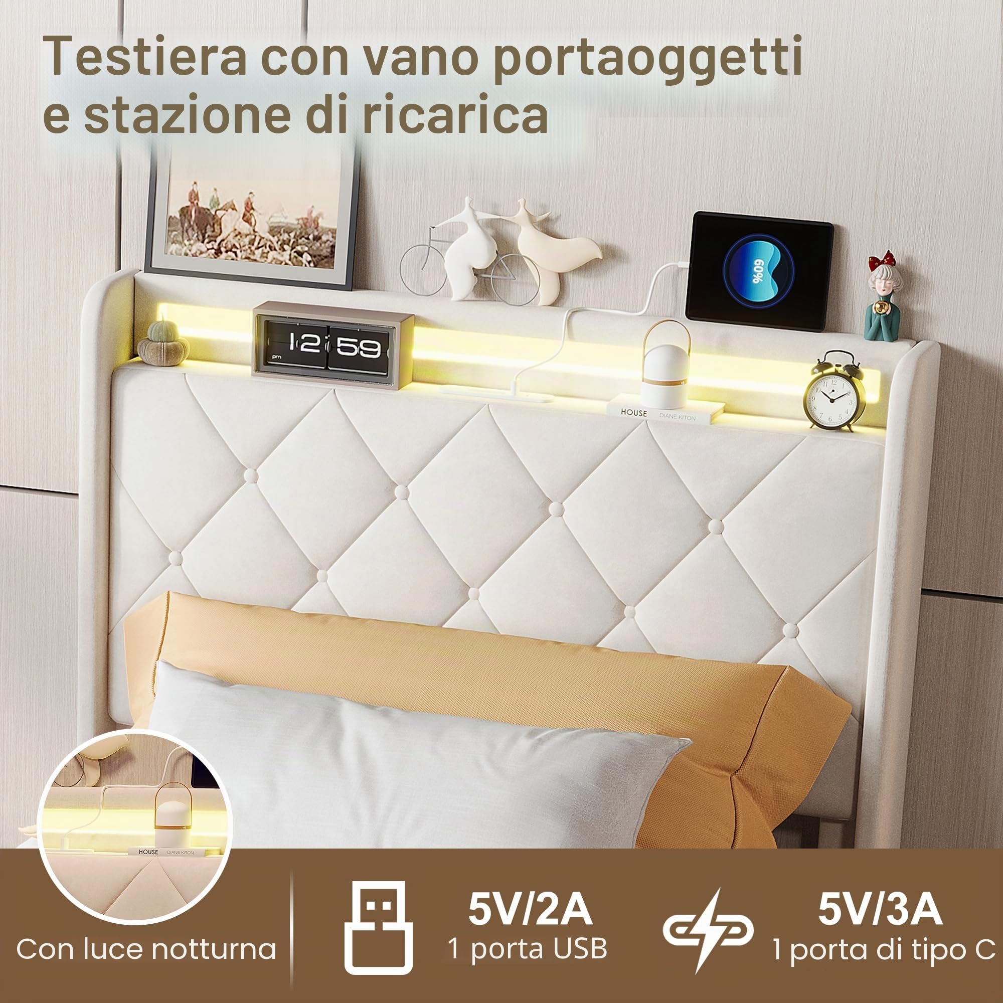 Letto Singolo 90x200 con Contenitore, Letto Imbottito con LED e Stazione di Ricarica, Struttura Letto con 2 Cassetti, Letto Funzionale con Rete e Testiera, senza Materasso, Velluto Beige