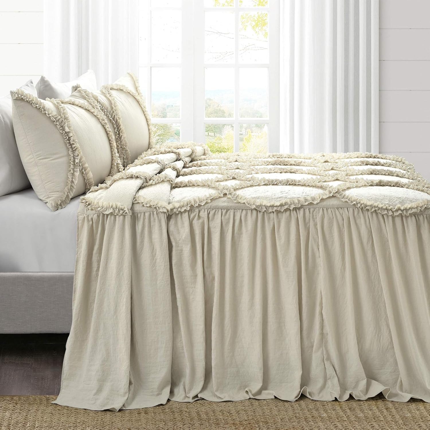 Elegant Neutral King Bedspread Set with Ruffled Ribbon Embroidery