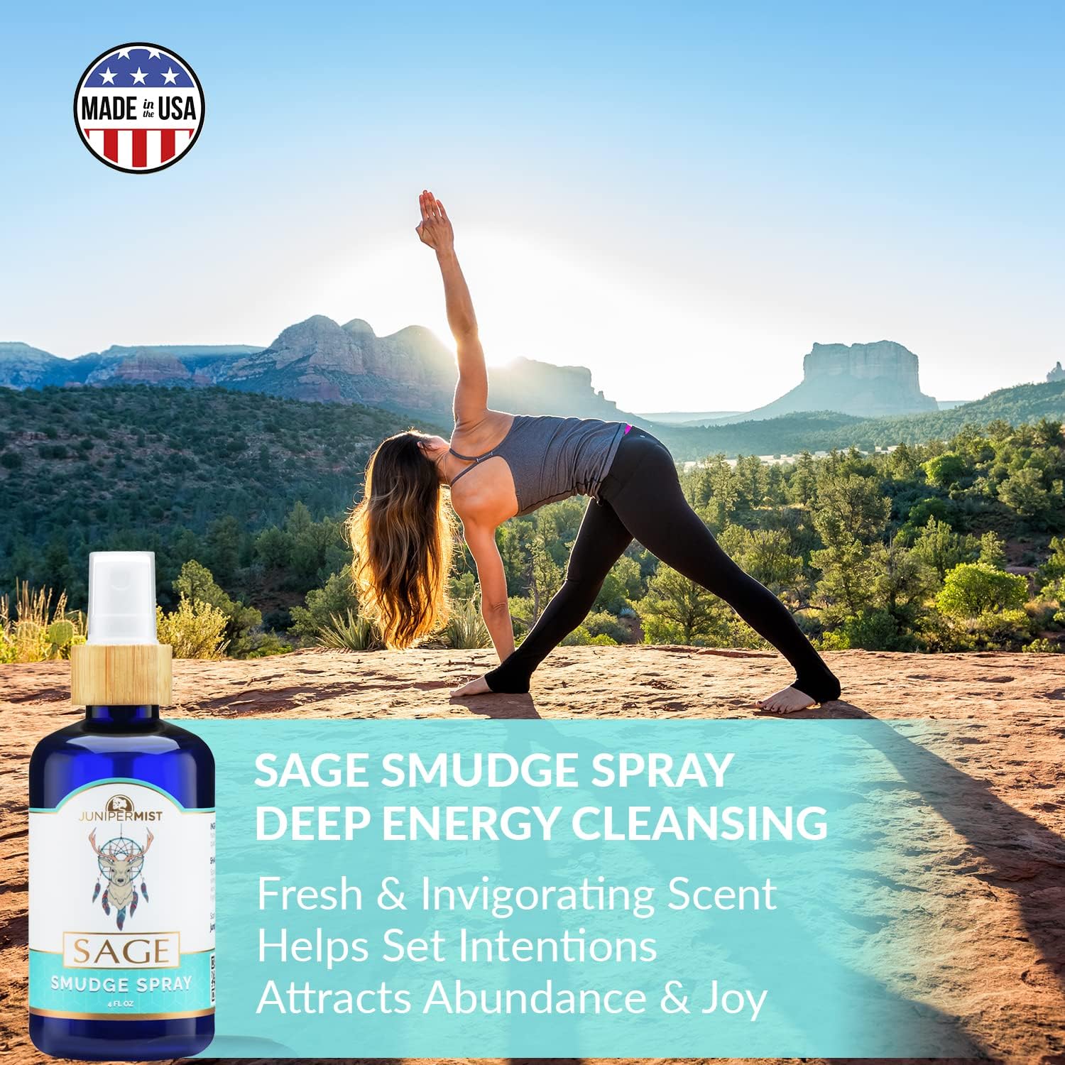 JUNIPERMIST White Sage Spray for Cleansing Negative Energy - Sage Smudge Spray Alternative to Incense Sticks or Bundles - Blessed in Sedona + Made with Pure Essential Oils and Real Crystals (4 Fl Oz)