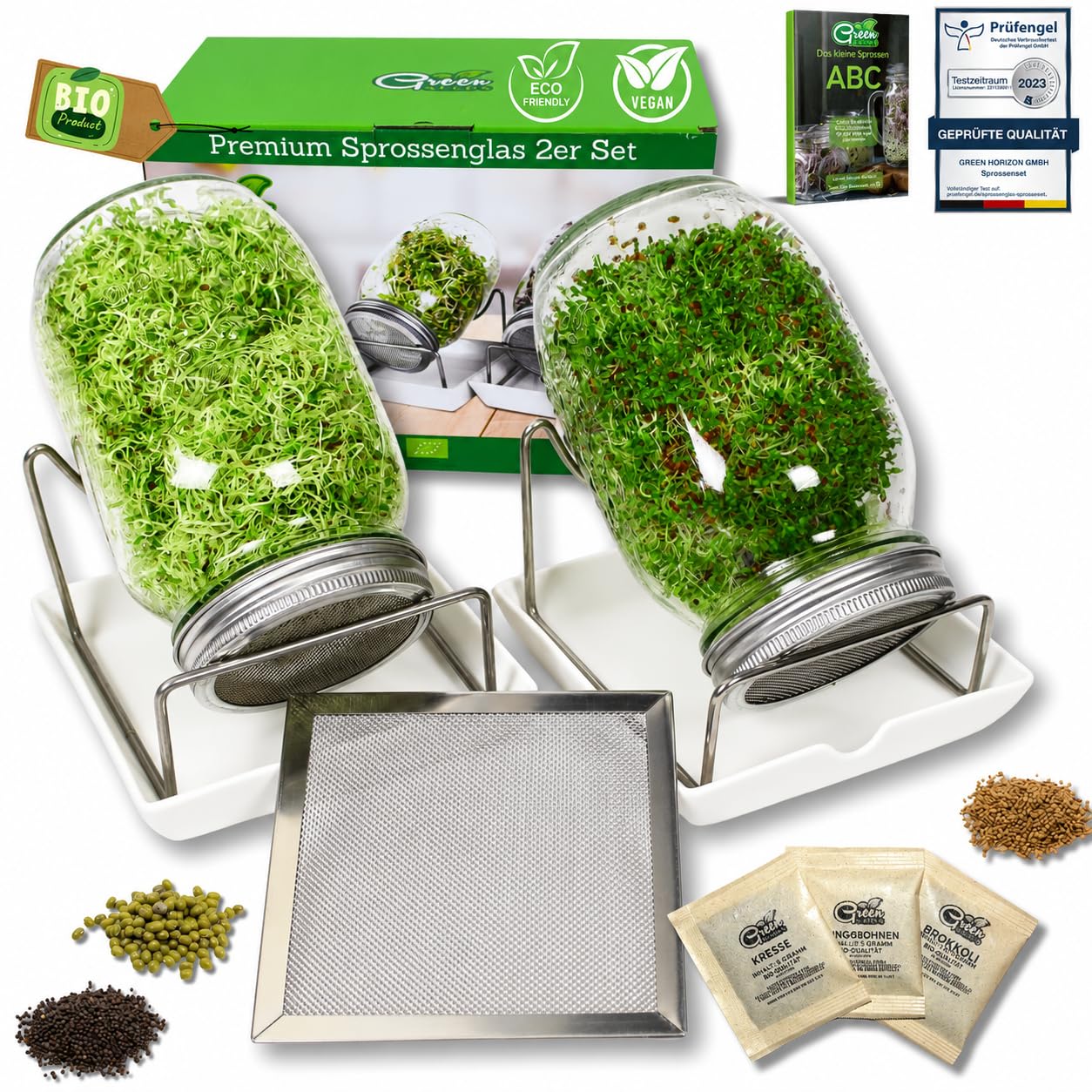 Green SEEDS Bocal à germes 2 Set de 1000ml avec Couvercle à Grille en Acier Inoxydable de Haute qualité, Support, Bol en céramique + ABC des germes Gratuit [E-Book]
