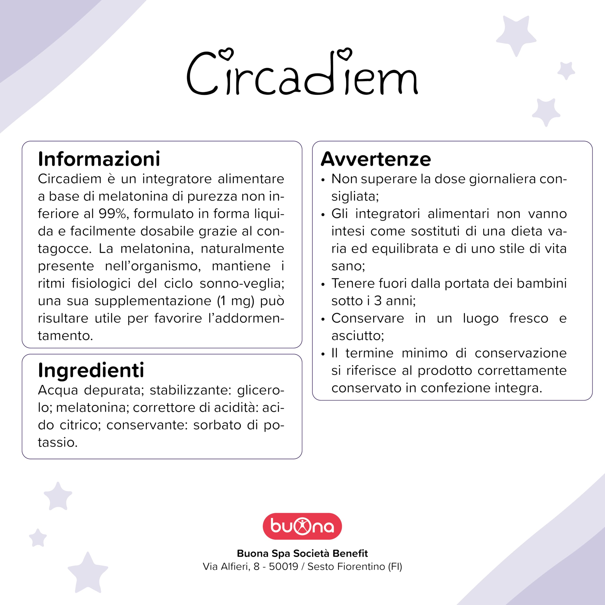 Buona Circadiem Melatonina Bambini Gocce 20 ml, Melatonina Pura al 99%, Contribuisce alla Riduzione del Tempo Richiesto per Prendere Sonno e Mantenere i Ritmi Fisiologici del Ciclo Sonno-Veglia