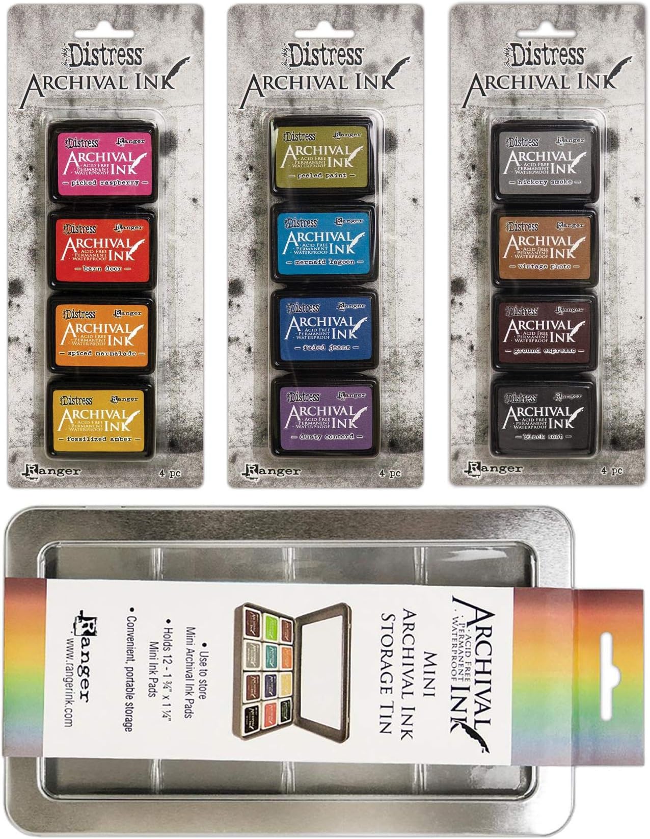 Distress Archival Mini Ink Kit 1, Kit 2, Kit 3 and Storage Tin - 4 Item Bundle