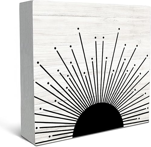 SRADMO Caja de madera rústica abstracta bohemia con diseño de amanecer y amanecer, puesta de sol y rayos de sol, decoración de escritorio, arte