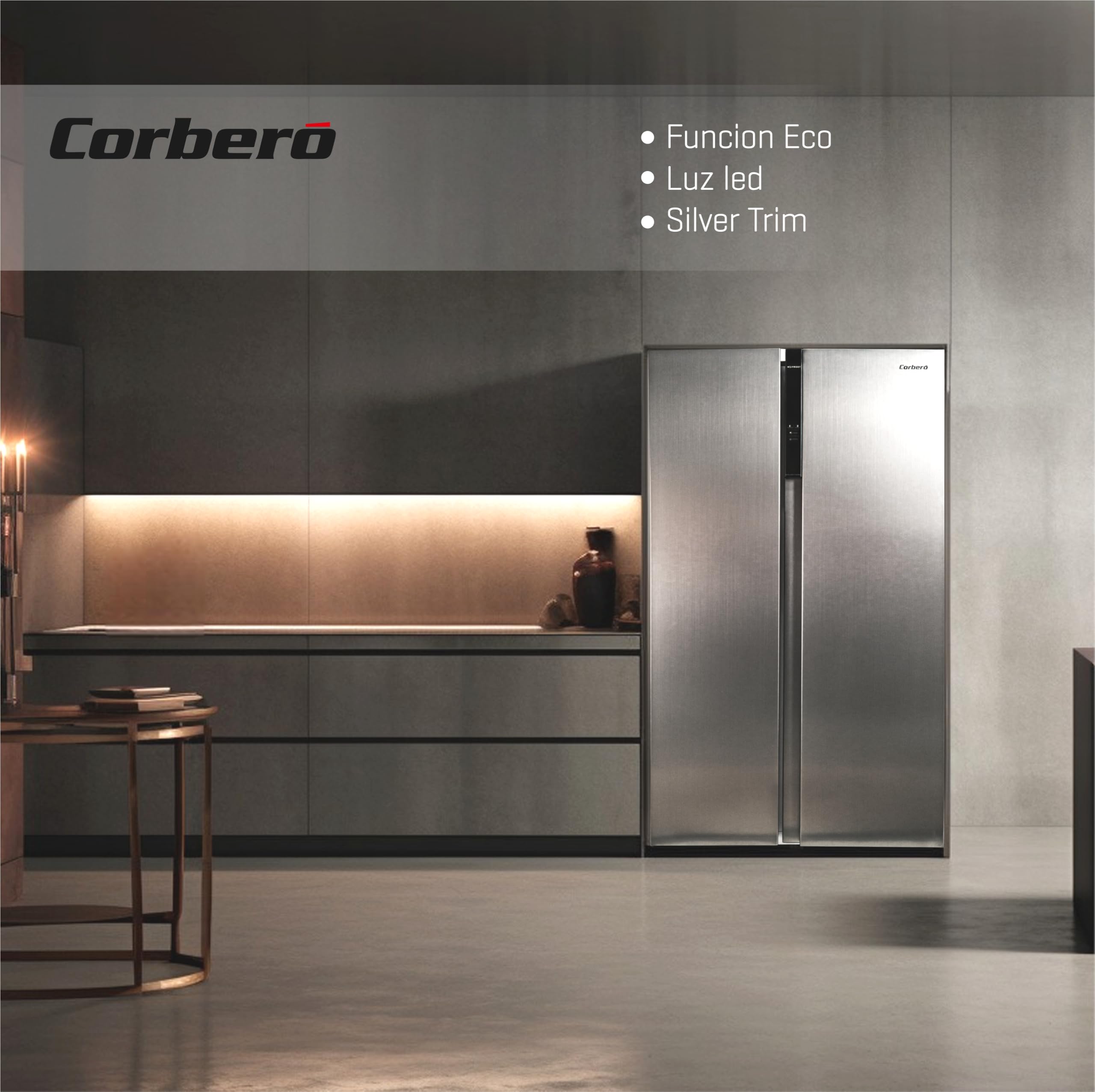 Corberó - Amerykańska lodówka | CFSBSH634NFX | 442L | 186 cm | No Frost | Inwerter | Wyświetlacz | Światło LED | 2 szuflady | Funkcja ECO | Półki szklane | Srebro Trim | Inox