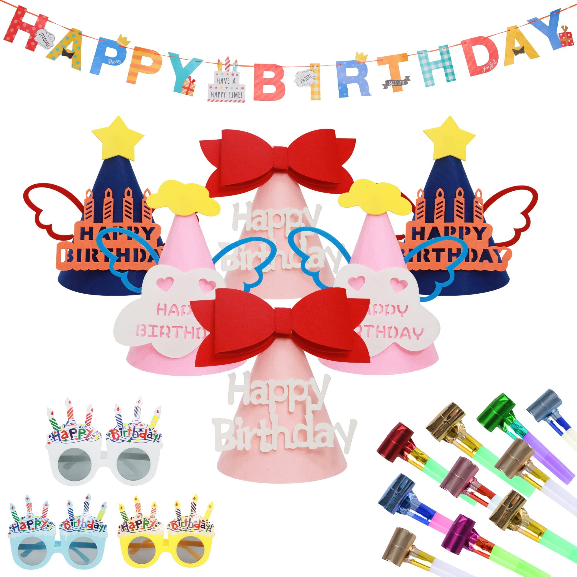 PFUTURE 20 Pcs Birthday Supplies Set Includes 6 Birthday Hats, 1 Happy Birthday Banner, 3 Happy Birthday Glasses and 10 Whistles, for Kids and Adults Birthday, Funny Birthday Party Decorations