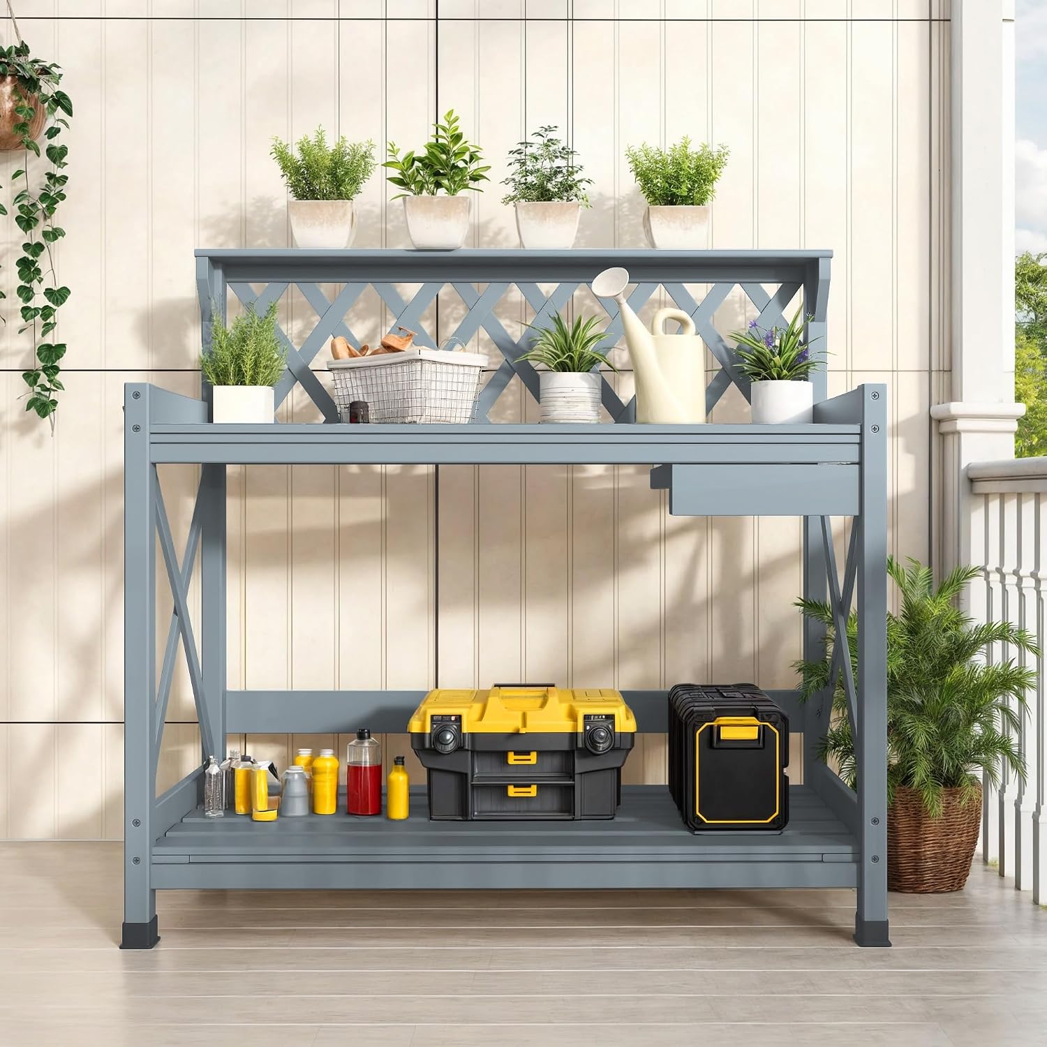 DWVO Outdoor Potting Bench w/Drawer, Gardening Table with Storage Shelf, Side Hooks & Waterproof PVC Mat, Potting Benches for Outside, Backyard, Patio (Gray)