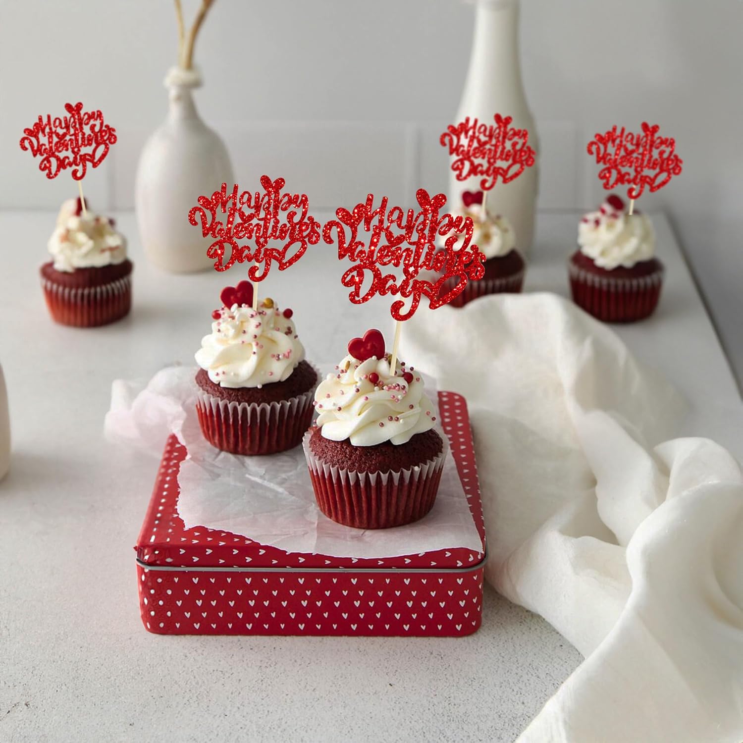 Ephlyn 24Pcs Happy Valentine's Day Cupcake Toppers Glitter Sweet Love Cupcake Food Picks Valentine Cupcake Topper for Happy Valentine's Day Birthday Party Cake Decorations Supplies Red - Image 4