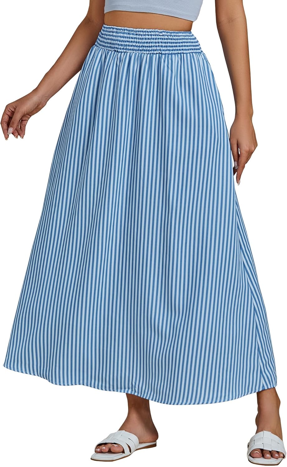 luvamia Striped Skirts for Women Maxi Long Flowy Trendy Smocked Elastic Waist Summer Beach Vacation Skirt with Pockets