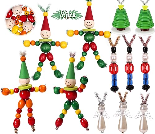 Tieshankao 16 piezas de manualidades de Navidad para niños  Los kits de adornos de cuentas de bricolaje incluyen cascanueces, ángel, elfo, árbol,