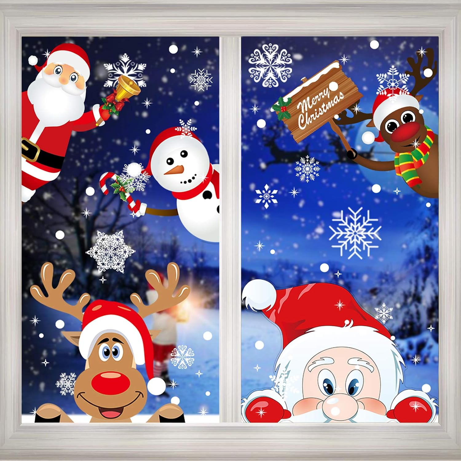 Awsaccy Christmas Window Clings, 296 Pcs Cute Double Sided Removable Christmas Snowflakes Window Stickers Xmas Window Decorations Decals Reindeer Snowman for Party Glass Kitchen Car Kids (10 Sheet)