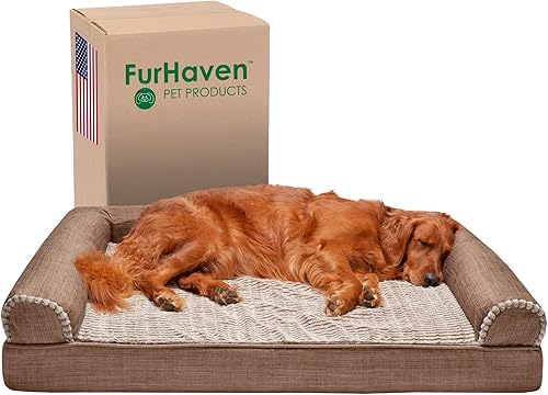 Furhaven - Cama de espuma viscoelástica para perros y gatos, estilo sofá, de piel sintética y lino de rendimiento duradero con funda extraíble