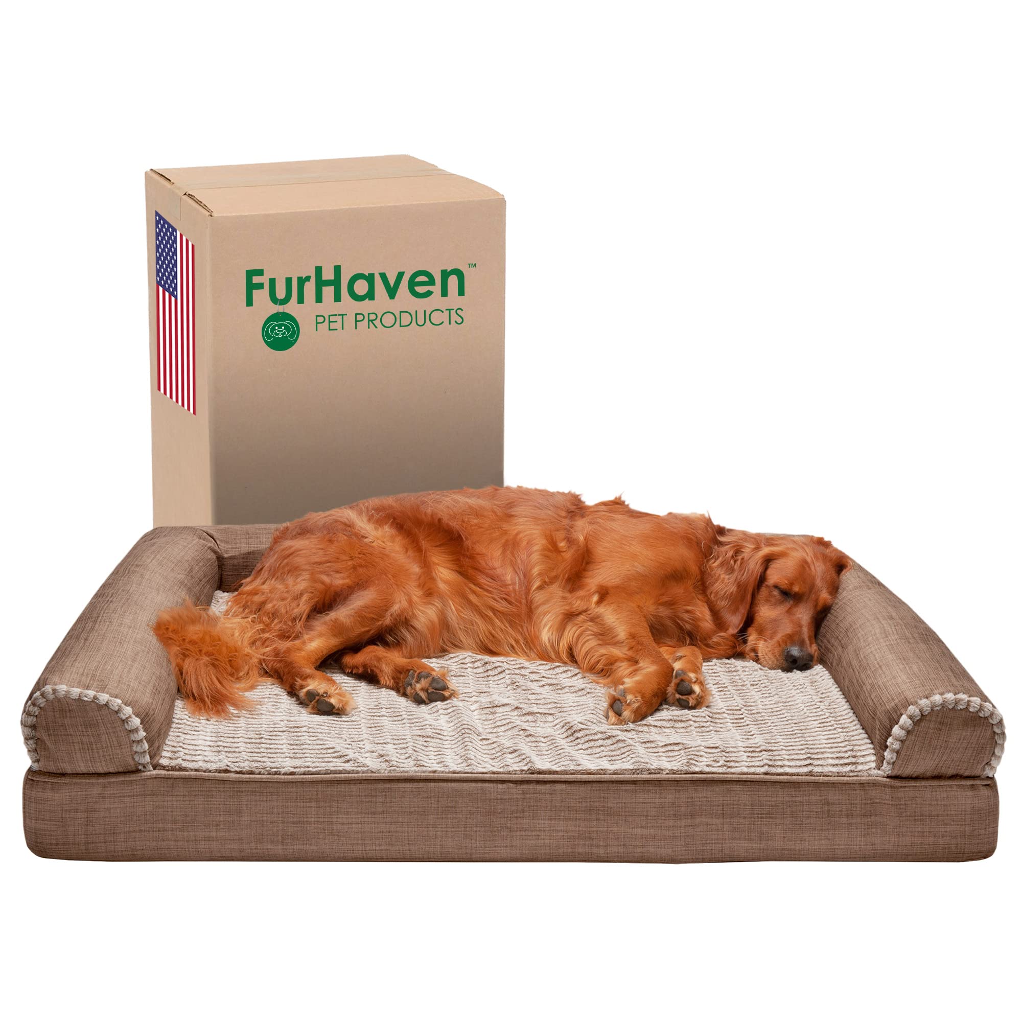Furhaven Memory Foam Dog Bed for Large Dogs w/ Removable Bolsters & Washable Cover, For Dogs Up to 95 lbs - Luxe Faux Fur & Performance Linen Sofa - Woodsmoke, Jumbo/XL, 40.0"L x 32.0"W x 8.0"Th