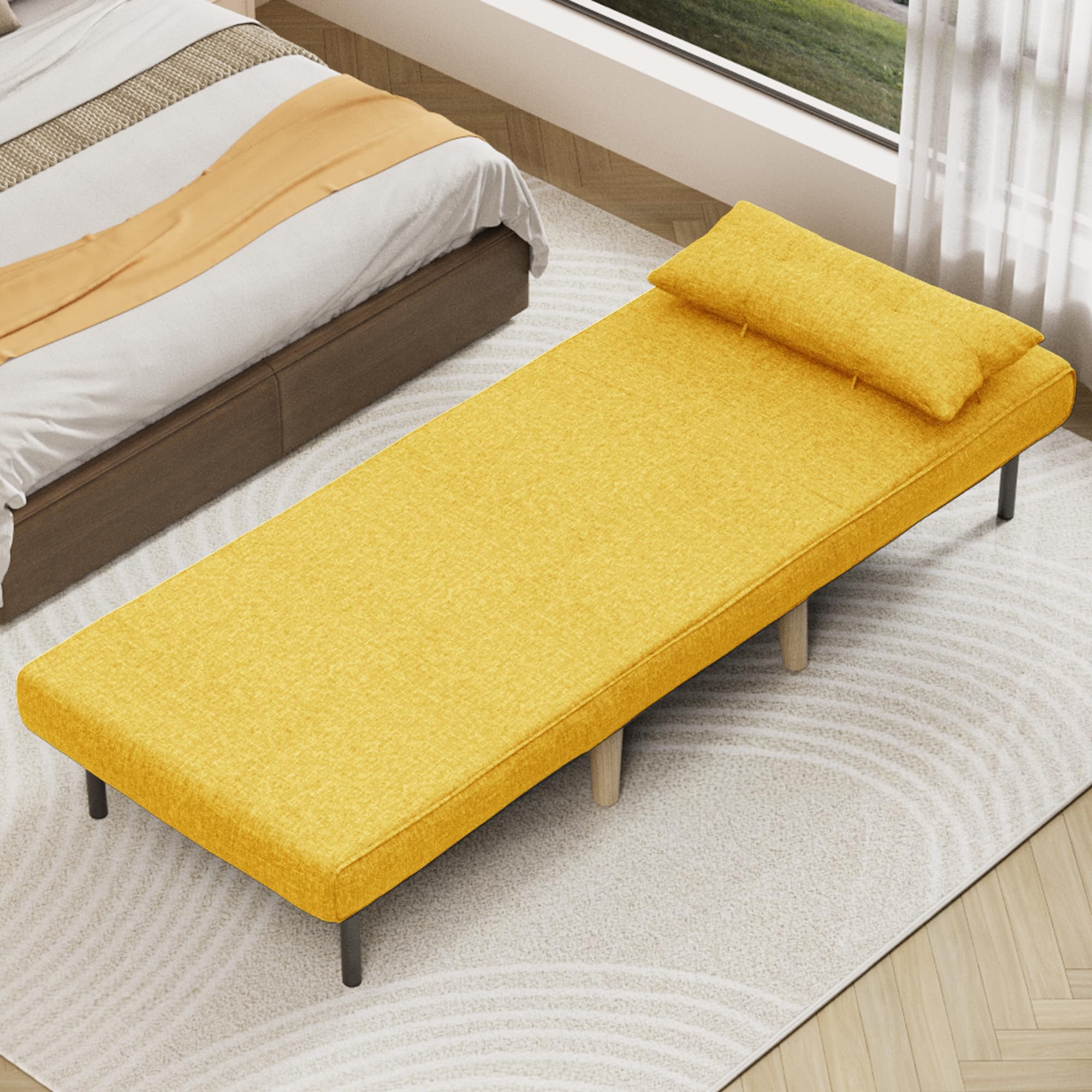 Bealife Sillón Convertible 1 Plaza, Sillón Cama 3 en 1, Sofá Cama Individual con Respaldo Ajustable en 5 Posiciones, para Salón, Dormitorio, Oficina, Amarillo