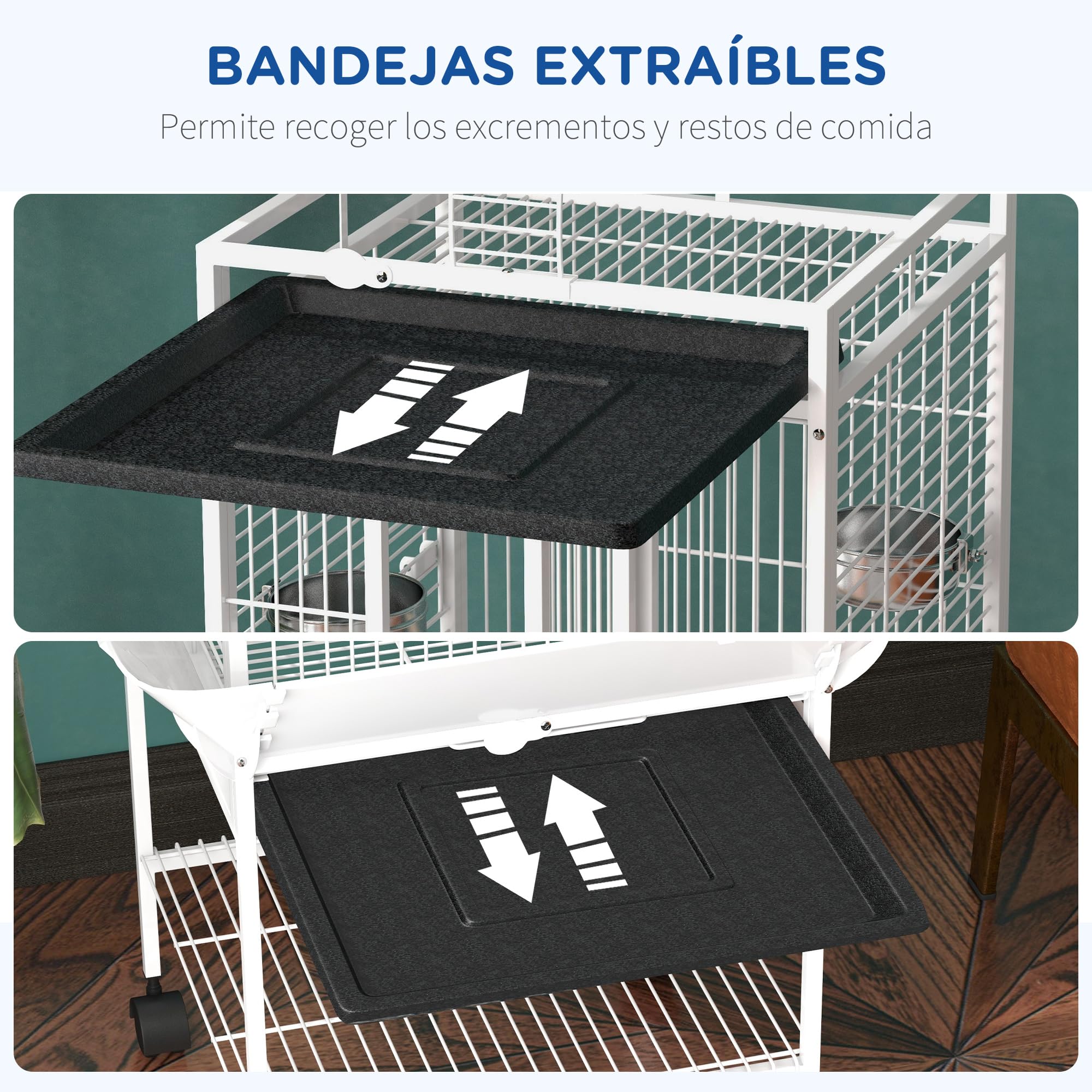 PawHut Jaula para Pájaros Jaula para Loros con Ruedas Perchas Comederos Estante Puente Arqueado y Bandejas Extraíbles Pajarera para Cacatúa NINFA Cacatúas Cotorras 62,5x62,5x156 cm Blanco