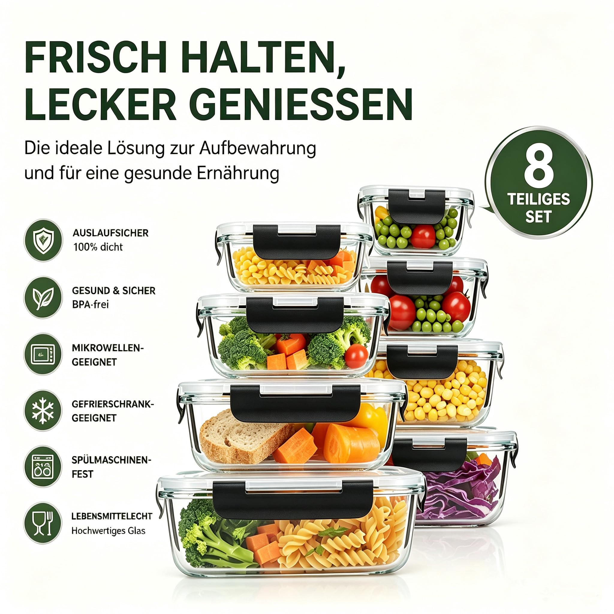 Juego de 8 cajas de almacenamiento de cristal, sin BPA, apto para microondas y congelador, perfecto para preparar comidas y almacenamiento de alimentos. (Negro)