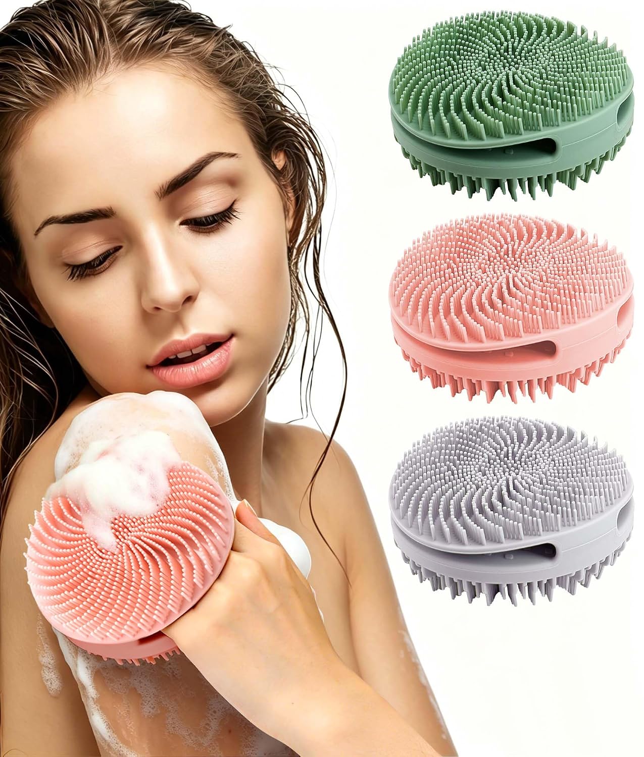 EaTubano 3 Pack Silicone Body Scrubber, Dual-Sided Exfoliating and Massage Scrubber for Women Men, Gentle Bath Shower Brush for All Skin Types with Rich Foaming (Pink+Green+Grey)