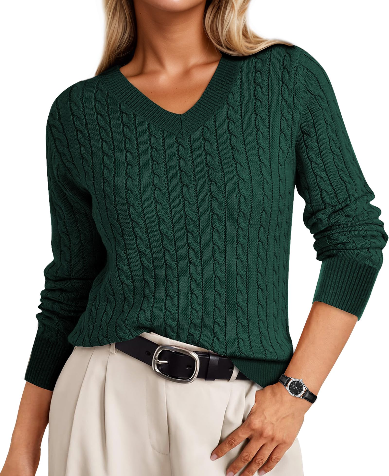 Cable Knit Sweater Women V Neck Tops for Women Long Sleeve Pullover Clothes Casual Trendy Outfits