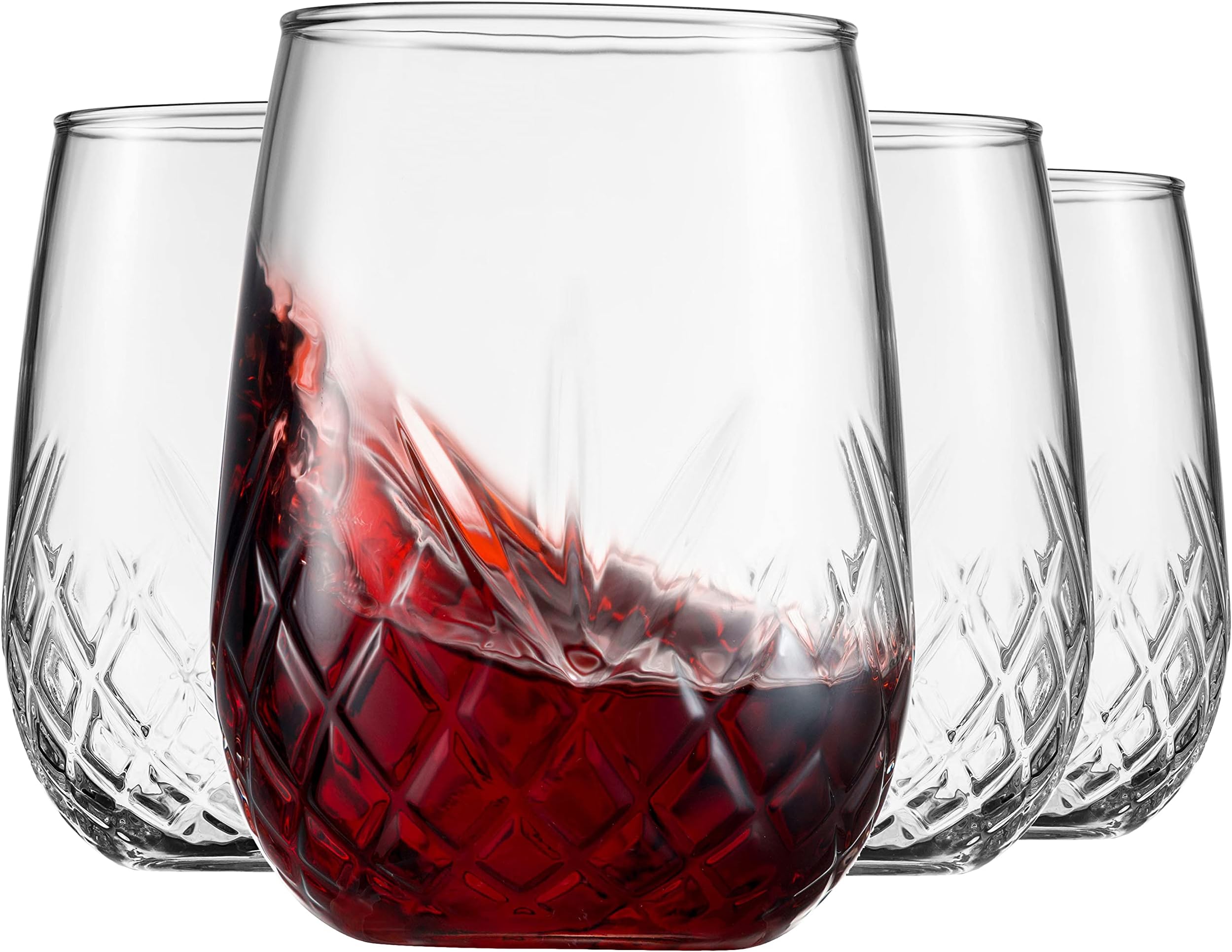 Wine Glasses Stemless Goblet Beverage Cups, Italian Made - Dublin Collection, 16oz, Set of 4
