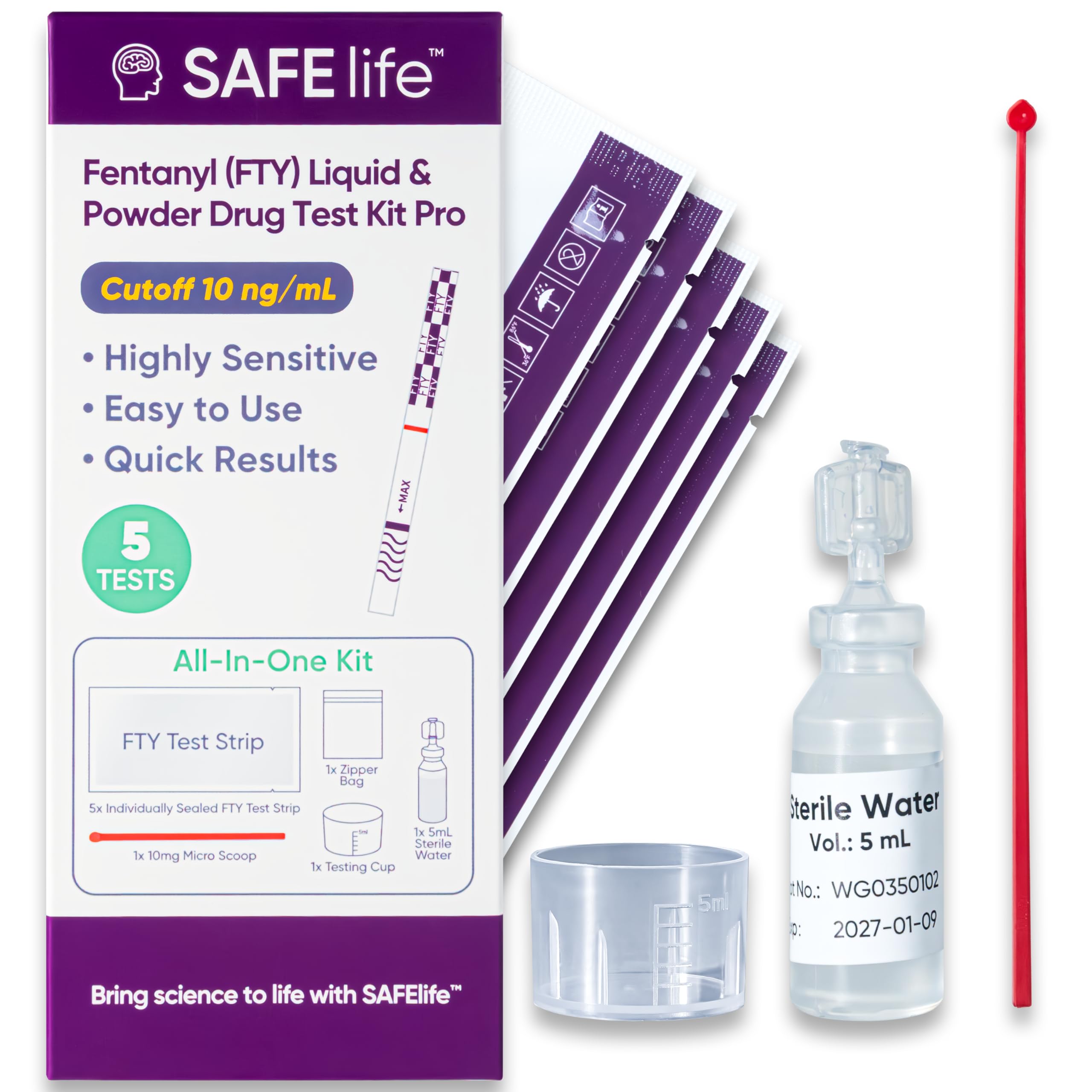 SAFE LIFE - Fentanyl Test Strips – Detects Fentanyl and Analogues in Powders, Liquids and Pills, Highly Sensitive with 10 ng/mL Cutoff, 5 Test Kit with Cups and Spoons, No-picture-26