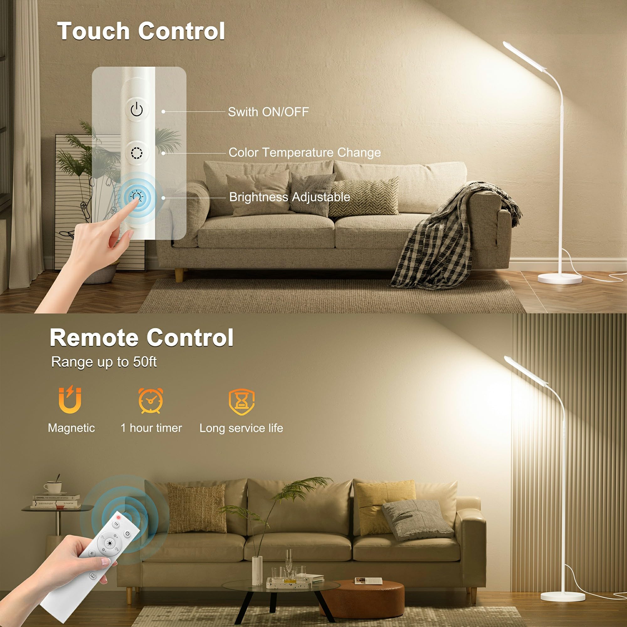 Lampada da Terra LED Dimmerabile, 18W 1800LM Luminoso Lettura Piantana Bianco con 4 temperatura di Colore,Telecomando Magnetico, Collo D'oca Flessibili a 360°,Timer 1H, per Soggiorno Letto Ufficio