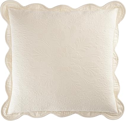Charleston Estate Modern Farmhouse Floral Matelasse Decorative Pillowcase with Scalloped Edges, 100% Cotton Breathable Bedding, Euro Sham (26" x 26"), Ivory Floral
