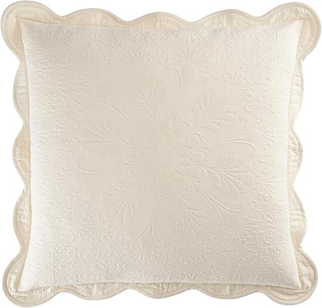 Charleston Estate Modern Farmhouse Floral Matelasse Decorative Pillowcase with Scalloped Edges, 100% Cotton Breathable Bedding, Euro Sham (26" x 26"), Ivory Floral