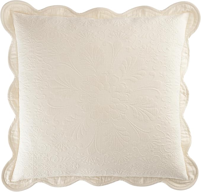 Charleston Estate Modern Farmhouse Floral Matelasse Decorative Pillowcase with Scalloped Edges, 100% Cotton Breathable Bedding, Euro Sham (26" x 26"), Ivory Floral