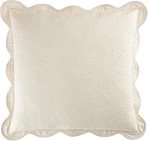 Charleston Estate Modern Farmhouse Floral Matelasse Decorative Pillowcase with Scalloped Edges, 100% Cotton Breathable Bedding, Euro Sham (26" x 26"), Ivory Floral