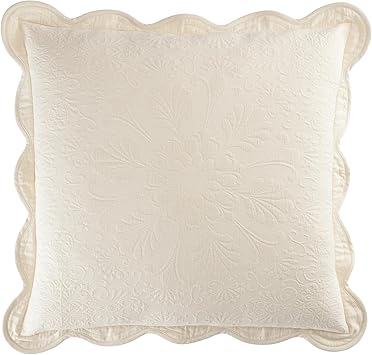 Charleston Estate Modern Farmhouse Floral Matelasse Decorative Pillowcase with Scalloped Edges, 100% Cotton Breathable Bedding, Euro Sham (26" x 26"), Ivory Floral